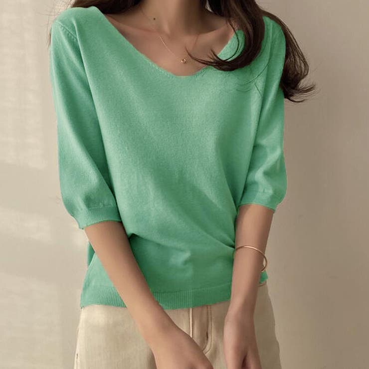 ブルー | Vネック五分袖ニット【韓国ファッション】 | Doula Doula