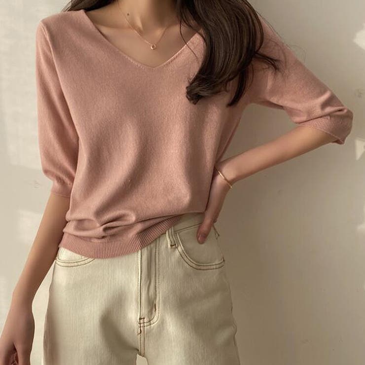 ピンク | Vネック五分袖ニット【韓国ファッション】 | Doula Doula