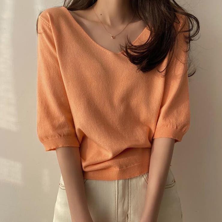 オレンジ | Vネック五分袖ニット【韓国ファッション】 | Doula Doula