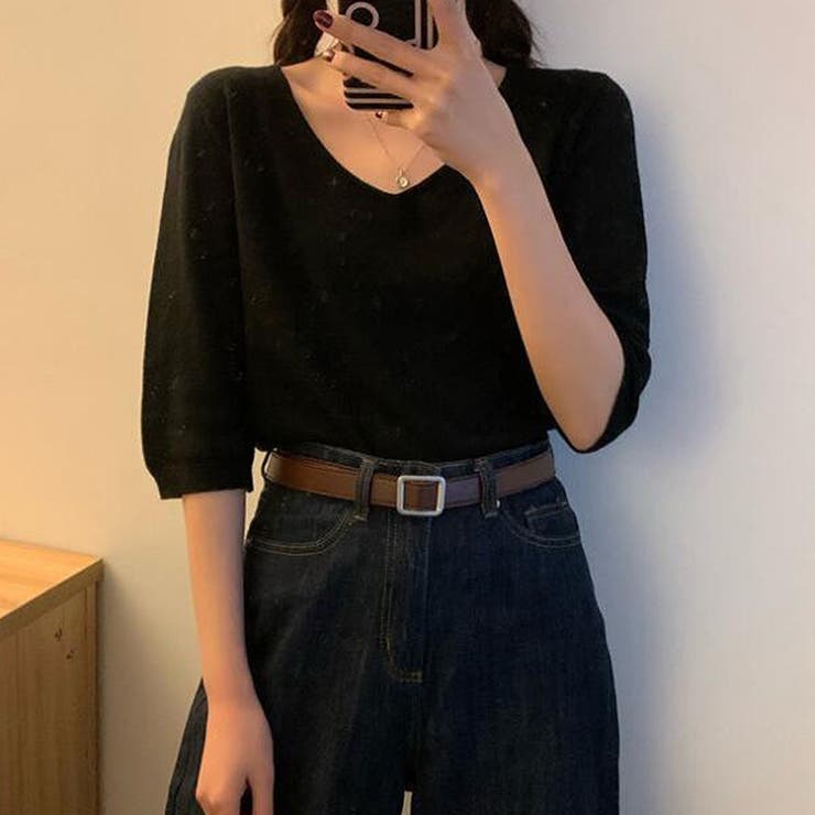 ブラック | Vネック五分袖ニット【韓国ファッション】 | Doula Doula