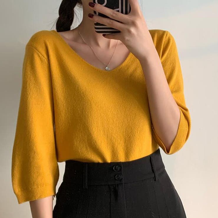 ダークイエロー | Vネック五分袖ニット【韓国ファッション】 | Doula Doula
