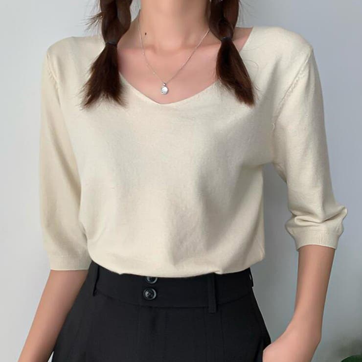 アイボリー | Vネック五分袖ニット【韓国ファッション】 | Doula Doula