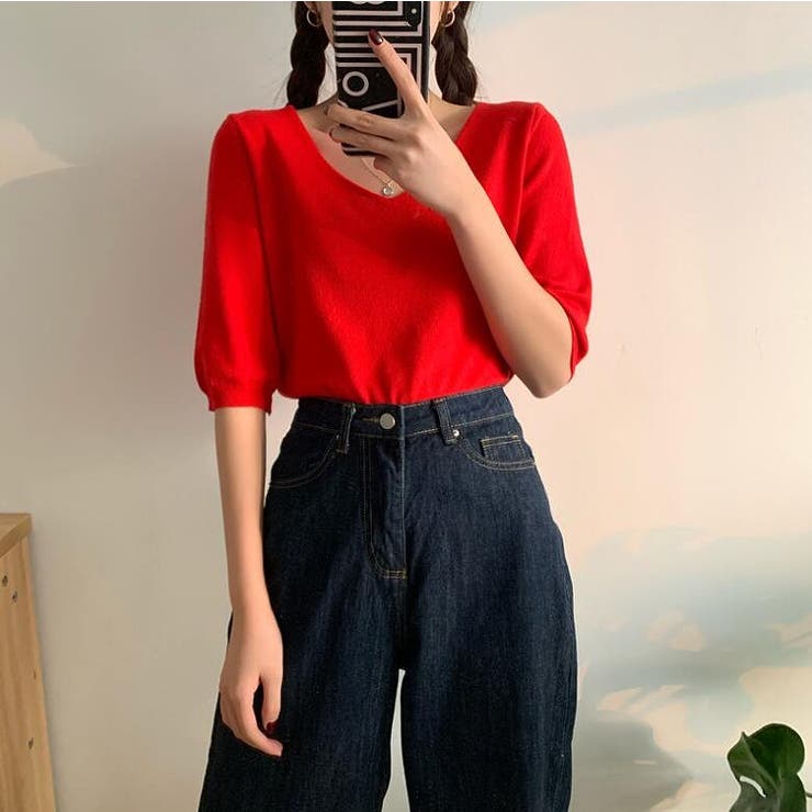 レッド | Vネック五分袖ニット【韓国ファッション】 | Doula Doula