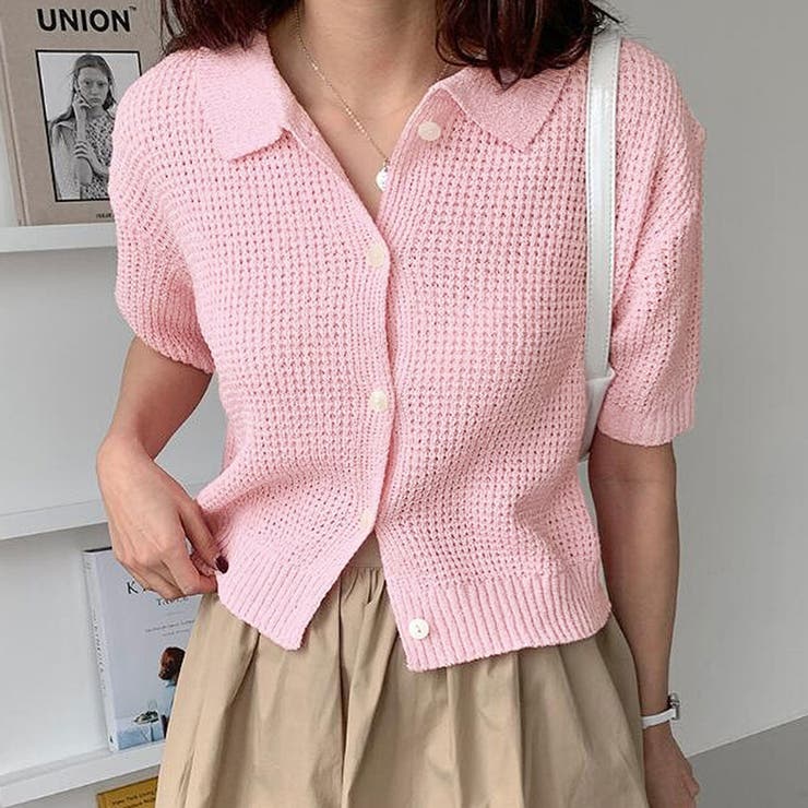 ピンク | 襟付きニットカーディガン【韓国ファッション】 | Doula Doula