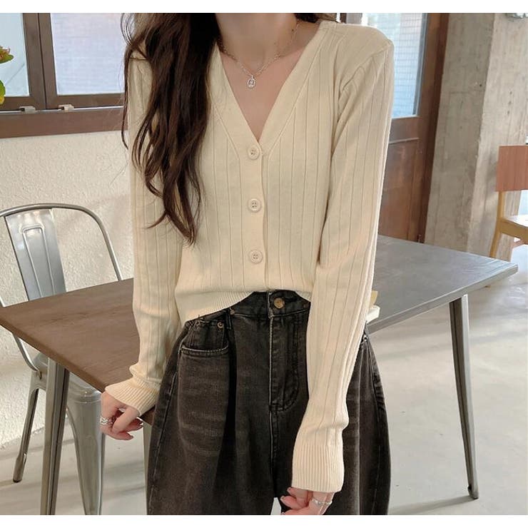 ベージュ | Vネックリブカーディガン【韓国ファッション】 | Doula Doula