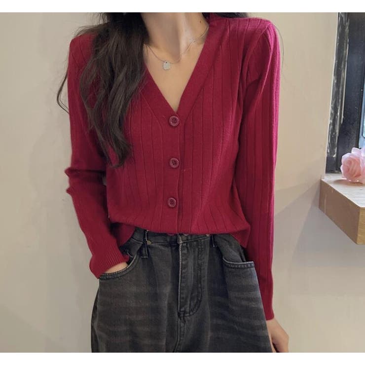 ボルドー | Vネックリブカーディガン【韓国ファッション】 | Doula Doula
