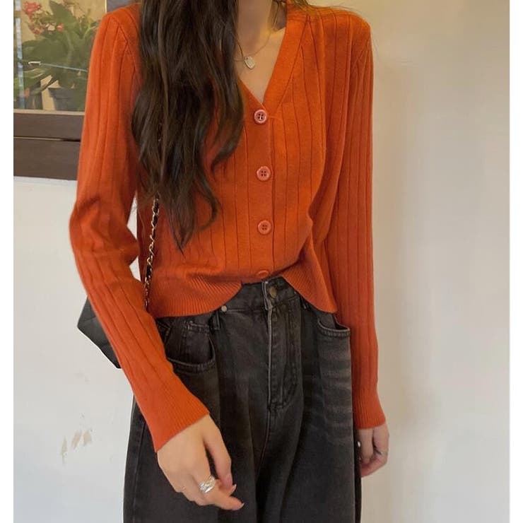 テラコッタ | Vネックリブカーディガン【韓国ファッション】 | Doula Doula