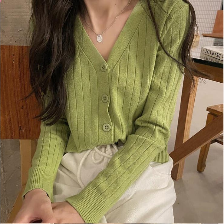 グリーン | Vネックリブカーディガン【韓国ファッション】 | Doula Doula