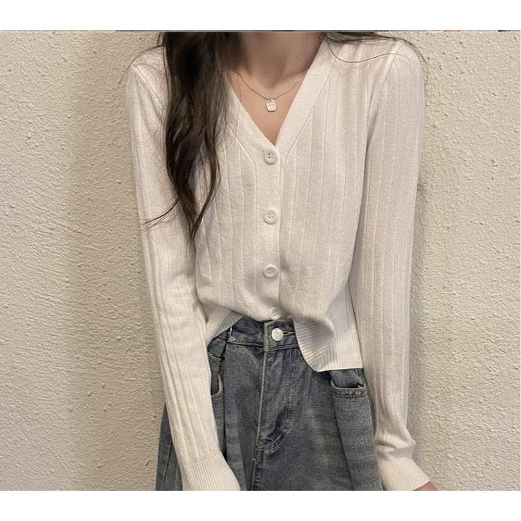 ホワイト | Vネックリブカーディガン【韓国ファッション】 | Doula Doula