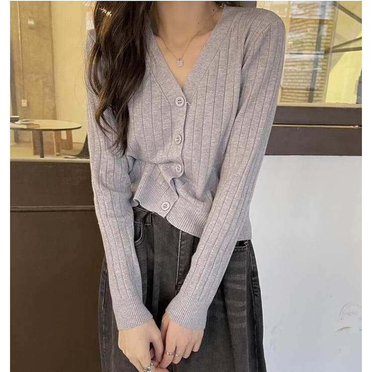 グレー | Vネックリブカーディガン【韓国ファッション】 | Doula Doula