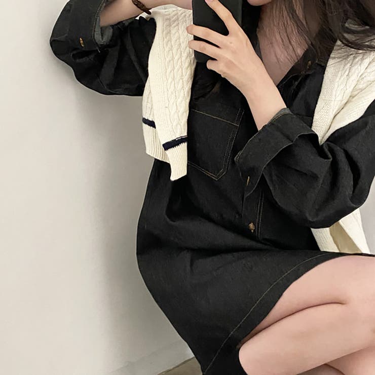 ステッチデニムシャツワンピース【韓国ファッション】[品番