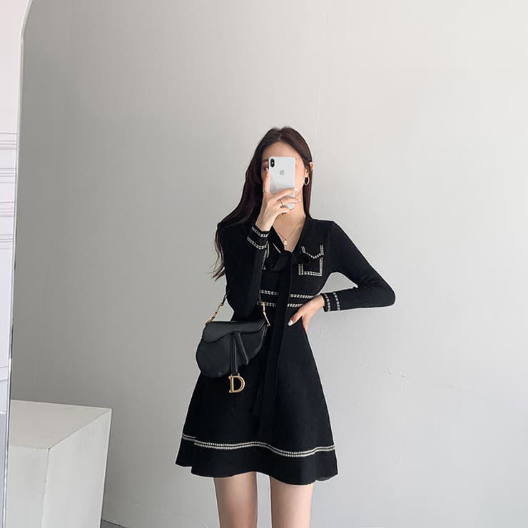 フロントリボンステッチニットワンピース【韓国ファッション】[品番  