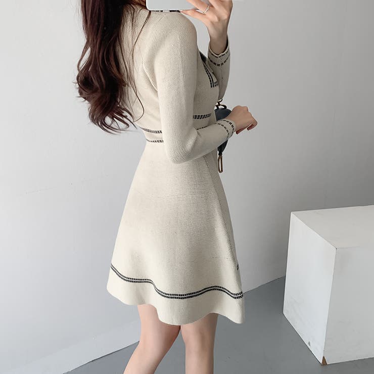 フロントリボンステッチニットワンピース【韓国ファッション】[品番  