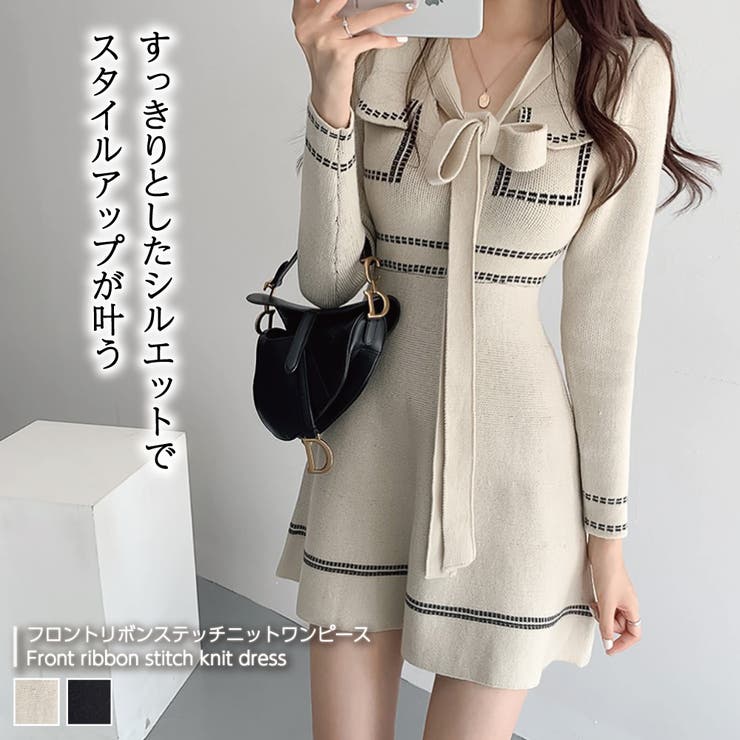 フロントリボンステッチニットワンピース【韓国ファッション】[品番  