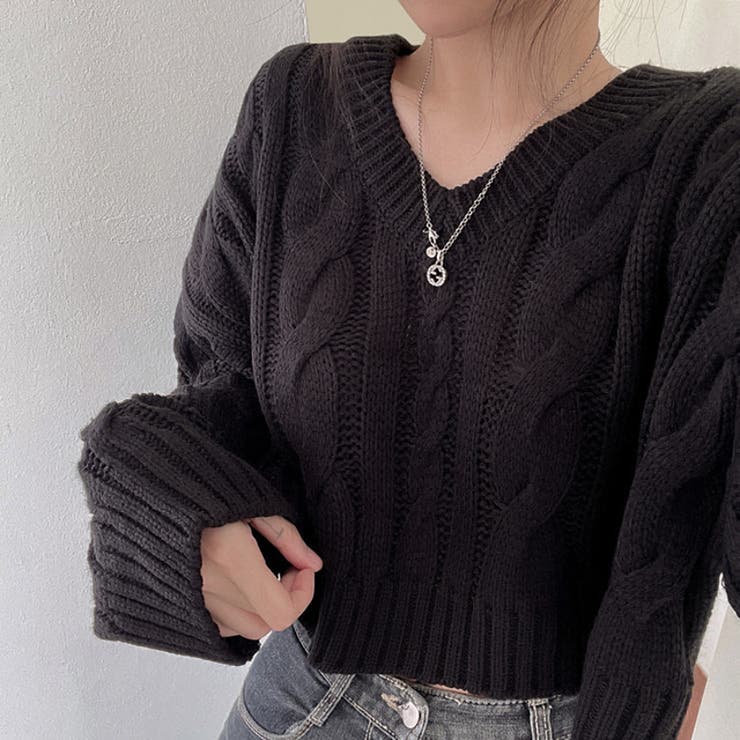 Vネックケーブルニットトップス【韓国ファッション】[品番