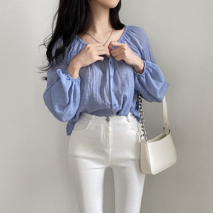 ブルー | 2wayショルダー パフスリーブシャツブラウス【韓国ファッション】【春夏新商品】 | Doula Doula