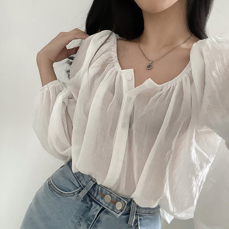 ホワイト | 2wayショルダー パフスリーブシャツブラウス【韓国ファッション】【春夏新商品】 | Doula Doula