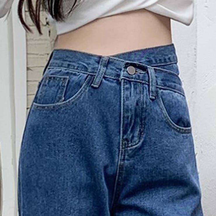 デザインウエストワイドデニムパンツ【韓国ファッション】【春夏