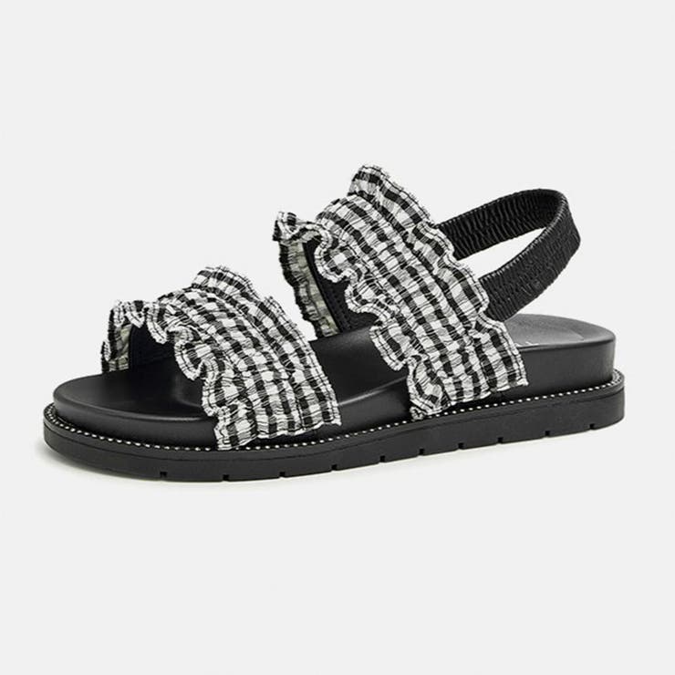 ブラック | シャーリングフリルが新鮮。ギャザーフリルストラップサンダル スポーティー | Doula Doula