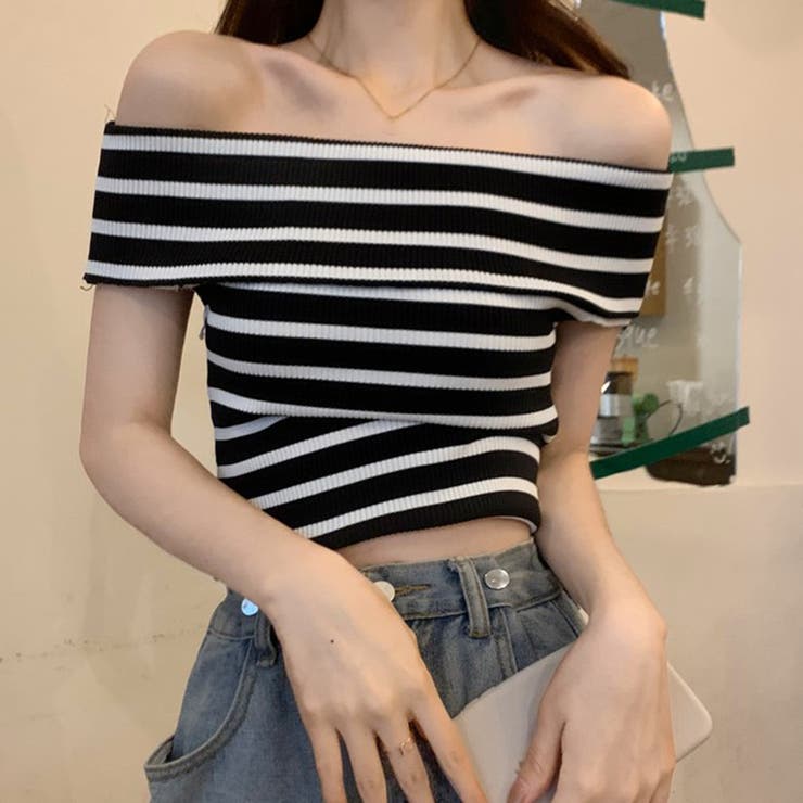 ブラック | 夏のマリンテイスト。オフショルボーダーニットソー | Doula Doula