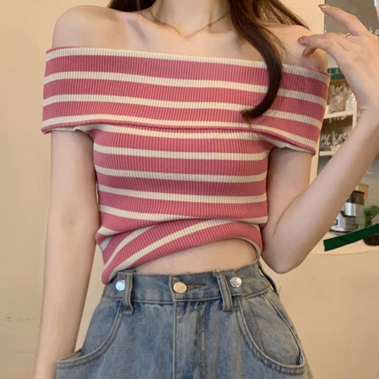 ピンク | 夏のマリンテイスト。オフショルボーダーニットソー | Doula Doula