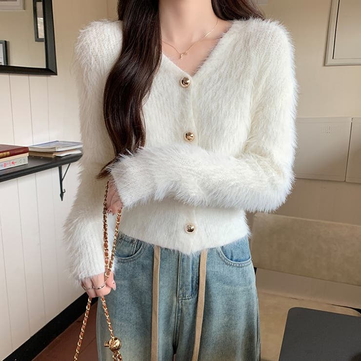 ゴールドボタンシャギーニットカーディガン[品番：DOUW0010007]｜Doula