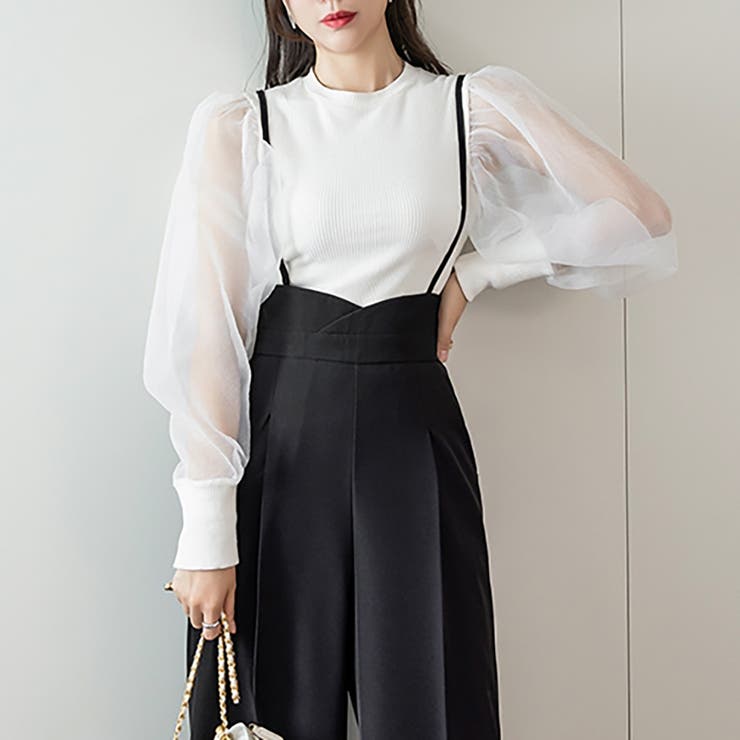 ［O3］チューブトップ＆ワイドパンツ ハイウエスト 薔薇 韓国 A ベルシー Belle Cie デニムパンツ ワイドパンツ ストレート バラ