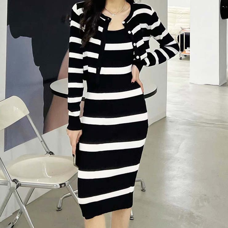 ボーダーニットカーディガン＆キャミワンピース セット【韓国  