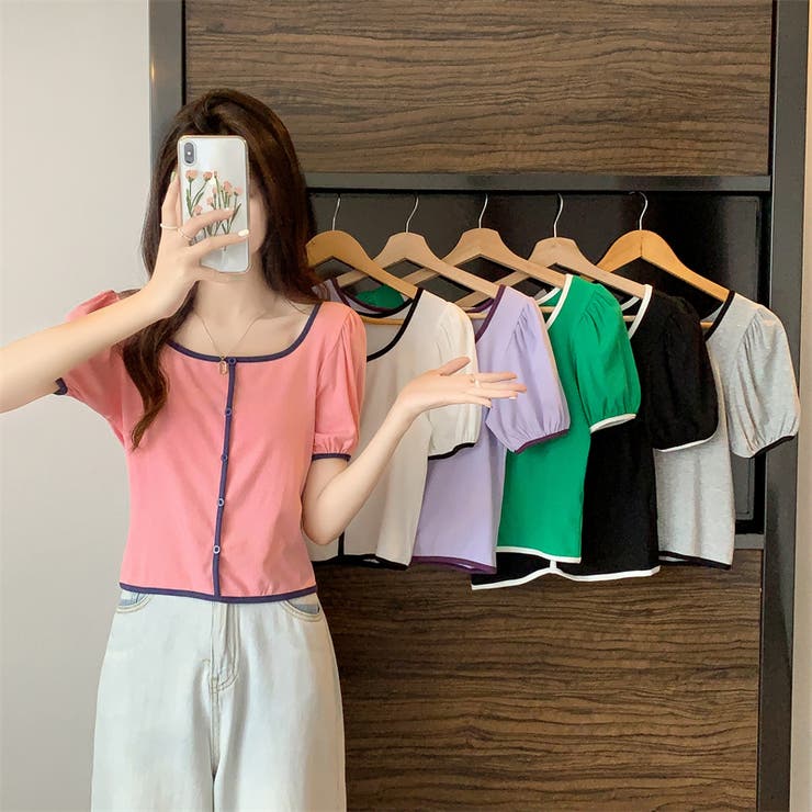 スクエアネックパイピングカラーパフスリーブ半袖カーディガン【韓国ファッション】 | Doula Doula | 詳細画像2