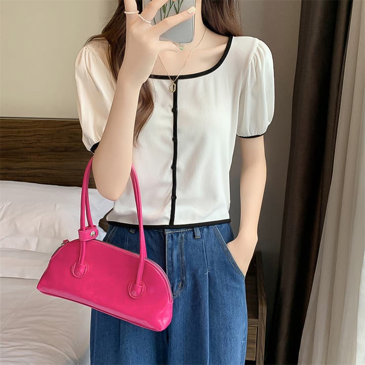 スクエアネックパイピングカラーパフスリーブ半袖カーディガン【韓国ファッション】 | Doula Doula | 詳細画像4