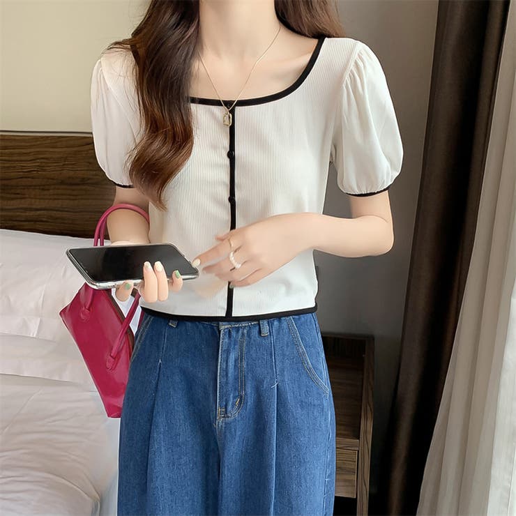 スクエアネックパイピングカラーパフスリーブ半袖カーディガン【韓国ファッション】 | Doula Doula | 詳細画像5