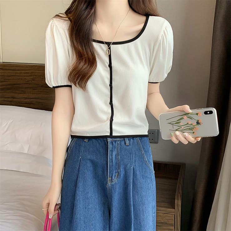 スクエアネックパイピングカラーパフスリーブ半袖カーディガン【韓国ファッション】 | Doula Doula | 詳細画像6