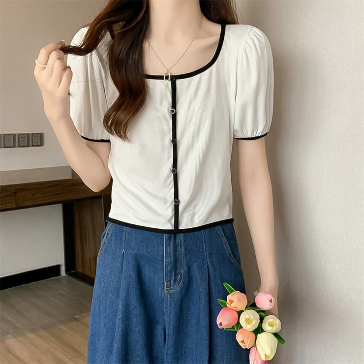 スクエアネックパイピングカラーパフスリーブ半袖カーディガン【韓国ファッション】 | Doula Doula | 詳細画像9