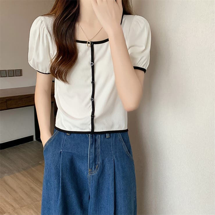 スクエアネックパイピングカラーパフスリーブ半袖カーディガン【韓国ファッション】 | Doula Doula | 詳細画像10