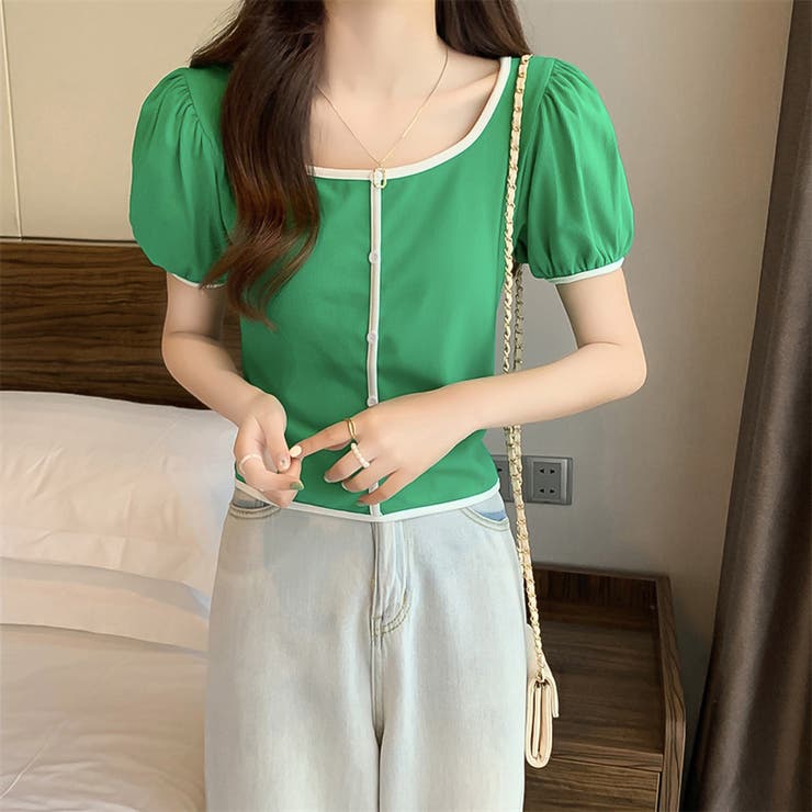 スクエアネックパイピングカラーパフスリーブ半袖カーディガン【韓国ファッション】 | Doula Doula | 詳細画像13