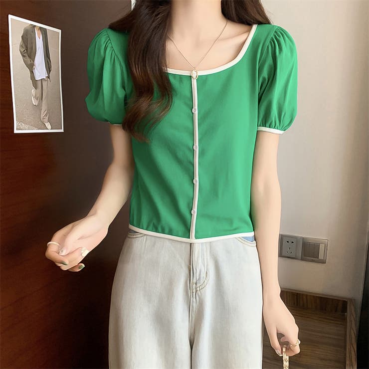 スクエアネックパイピングカラーパフスリーブ半袖カーディガン【韓国ファッション】 | Doula Doula | 詳細画像17