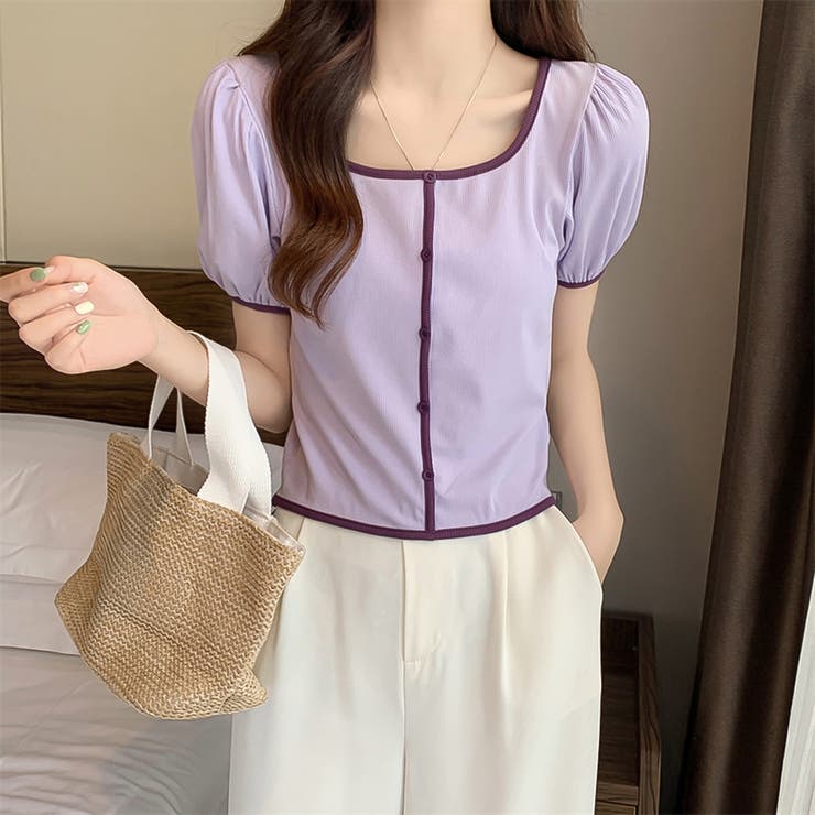 スクエアネックパイピングカラーパフスリーブ半袖カーディガン【韓国ファッション】 | Doula Doula | 詳細画像21