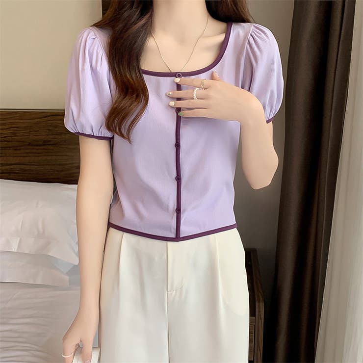 スクエアネックパイピングカラーパフスリーブ半袖カーディガン【韓国ファッション】 | Doula Doula | 詳細画像22