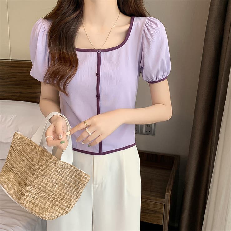 スクエアネックパイピングカラーパフスリーブ半袖カーディガン【韓国ファッション】 | Doula Doula | 詳細画像23