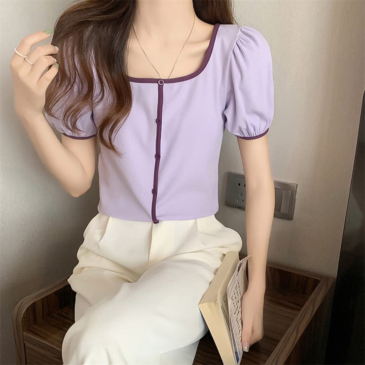 スクエアネックパイピングカラーパフスリーブ半袖カーディガン【韓国ファッション】 | Doula Doula | 詳細画像26