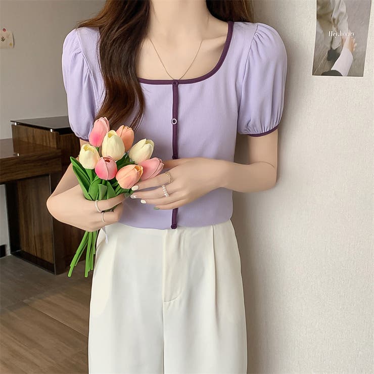 スクエアネックパイピングカラーパフスリーブ半袖カーディガン【韓国ファッション】 | Doula Doula | 詳細画像27