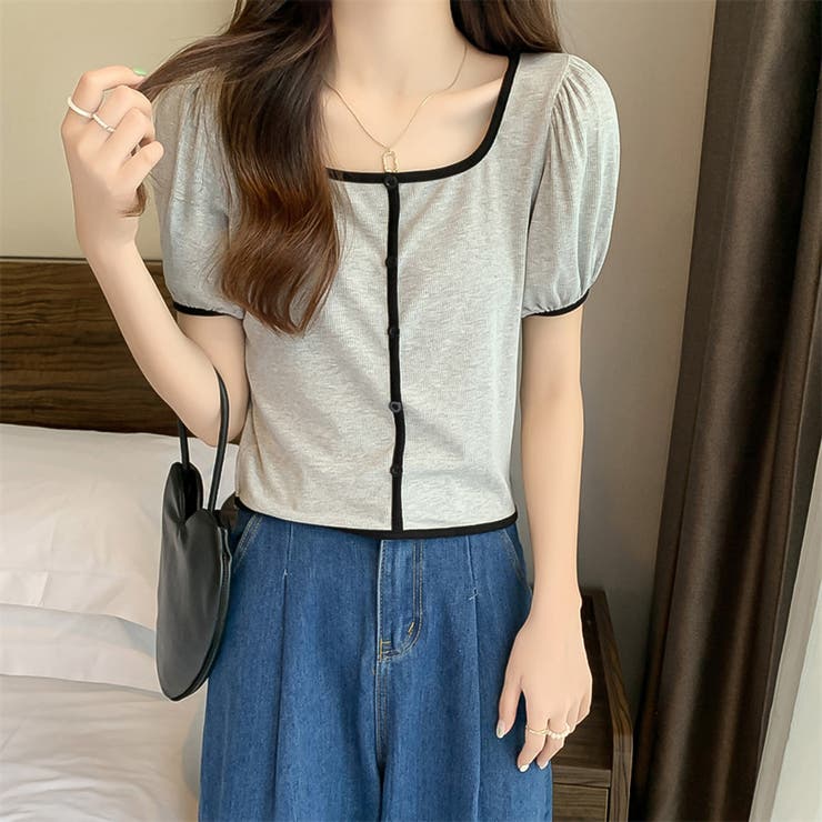 スクエアネックパイピングカラーパフスリーブ半袖カーディガン【韓国ファッション】 | Doula Doula | 詳細画像32