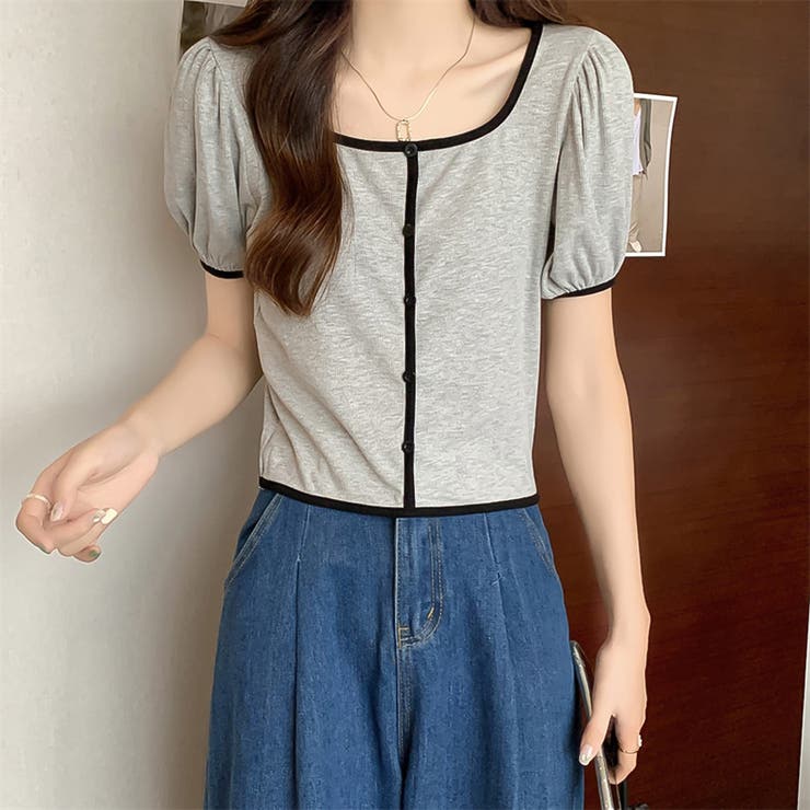 スクエアネックパイピングカラーパフスリーブ半袖カーディガン【韓国ファッション】 | Doula Doula | 詳細画像34