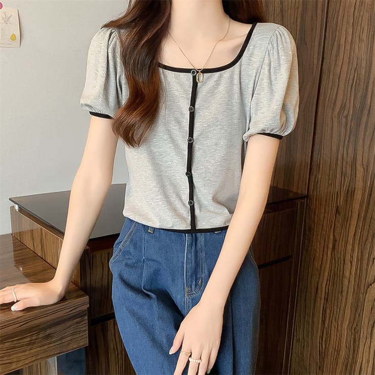 スクエアネックパイピングカラーパフスリーブ半袖カーディガン【韓国ファッション】 | Doula Doula | 詳細画像36