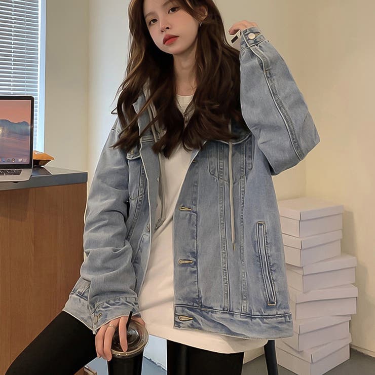 レディース デニムジャケット フード フェイクツーピース 韓国 フード付きデニムジャケット フード取り外し可能 ドッキング