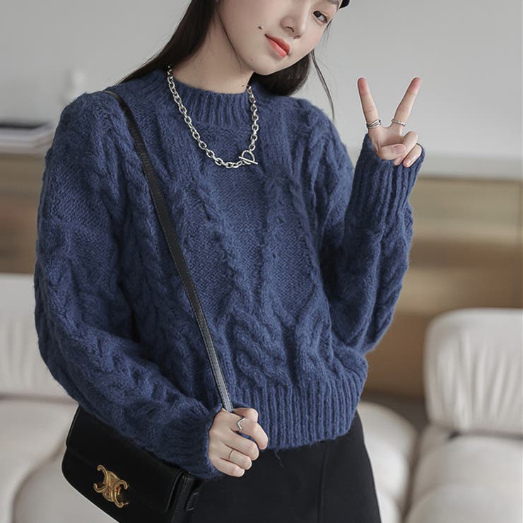 クルーネックケーブルニットセーター【韓国ファッション】[品番