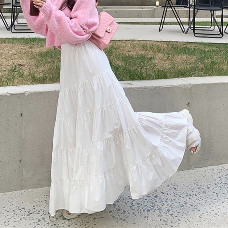 ホワイト】ティアードギャザーフレアロングスカート【韓国ファッション