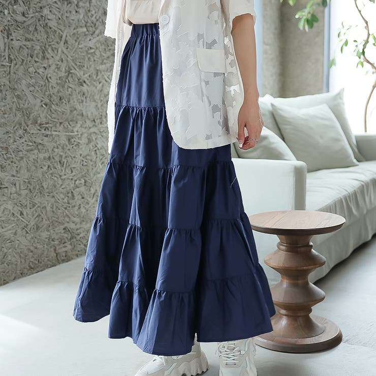 ティアードギャザーフレアロングスカート【韓国ファッション