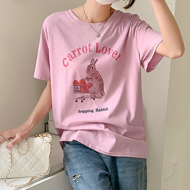 半袖Tシャツ ロング丈 うさぎ 韓国ファッション レディース ピンク L Tシャツ