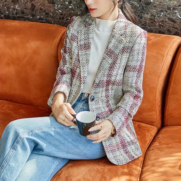 チェックツイードジャケット【韓国ファッション】[品番：DOUW0006557